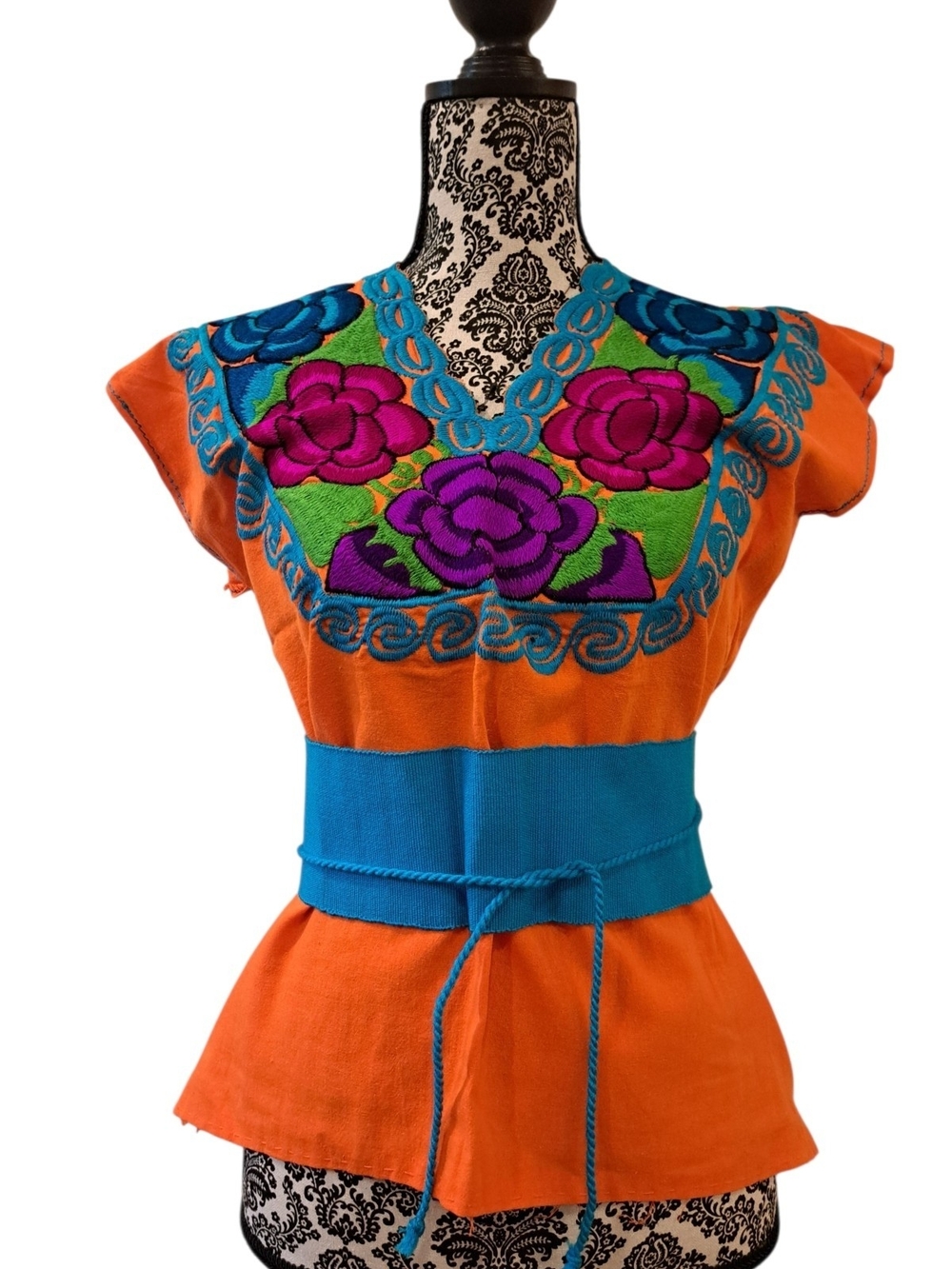 NWOT Embroidered Mexican peasant top Orange with Blue Waist Sash size M